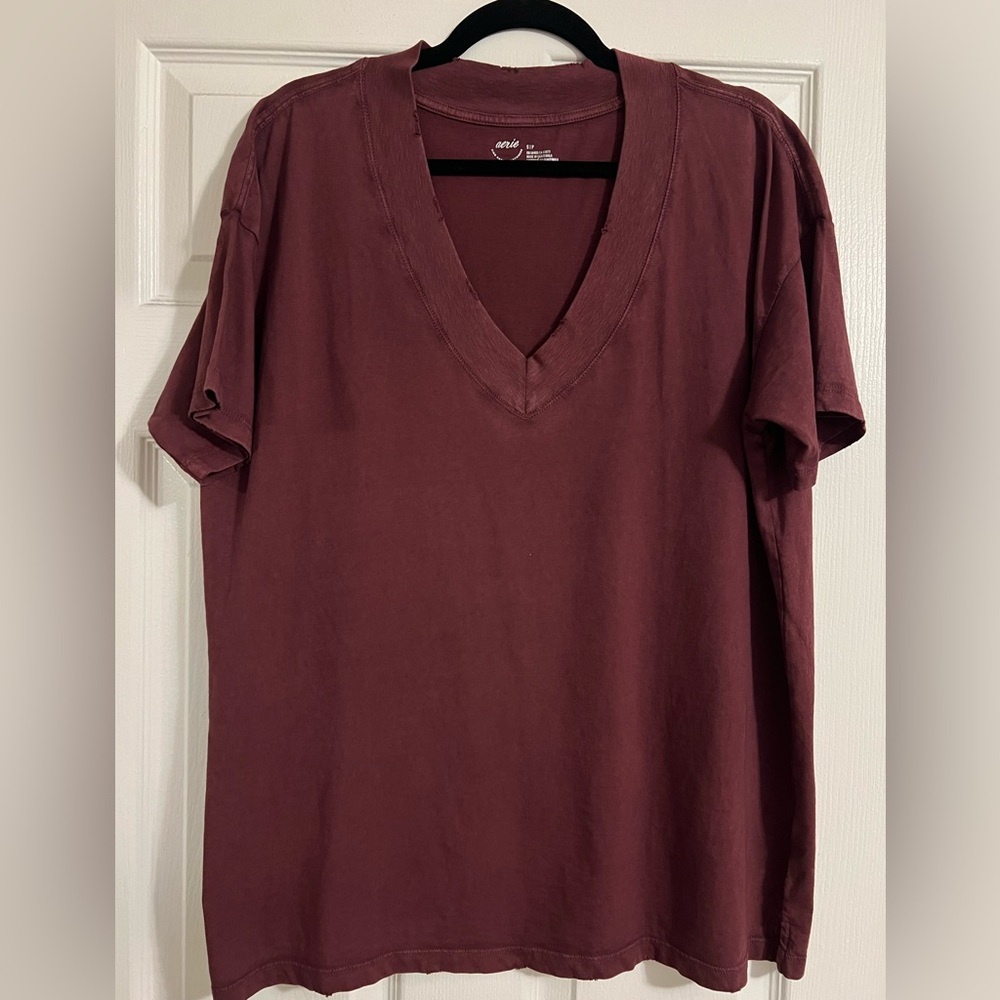 Aerie Deep Red Oversized Boyfriend V-Neck Tee